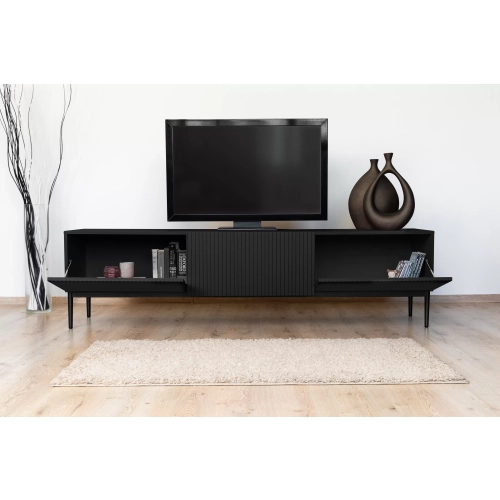 Szafka RTV Nicole 200 cm na metalowych nogach z szufladą - czarny mat / czarne nóżki